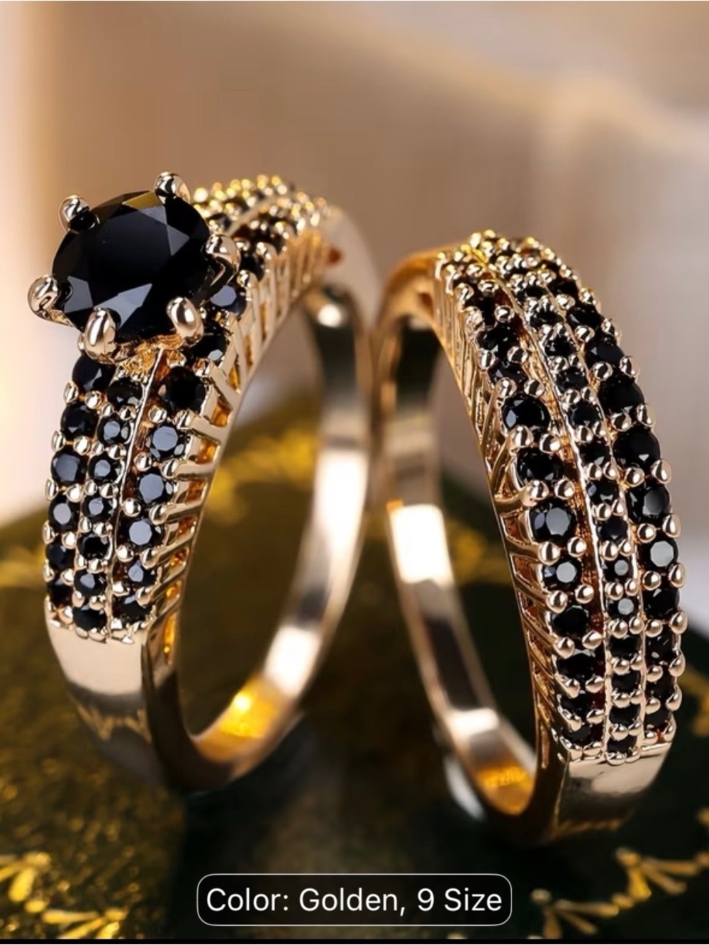 Macy’s Elegant Black Stone Gold Ring Set - Women Jewelry NWOT